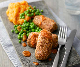 Cashew, Mushroom and Chestnut Sausages with Root Veg Mash and Chilli Sauce