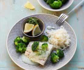 Fischfilet mit Brokkoli, Reis und Dillsauce