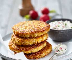 Reisbratlinge mit Apfel-Radieschen-Quark