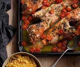 Gallinetas asadas con cherrys y arroz con zanahorias