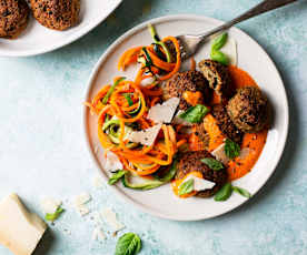 Albóndigas de berenjena con salsa de pimientos