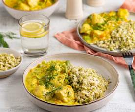 Potrawka z kurczaka i bobu z brokułowym makaronem orzo