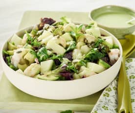 Ensalada verde con melón, aguacate y cigalas