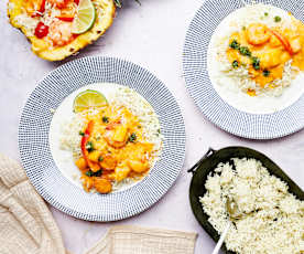 Langostinos en salsa de piña con arroz basmati