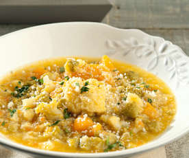 Soupe au potiron, chou-fleur et chou romanesco