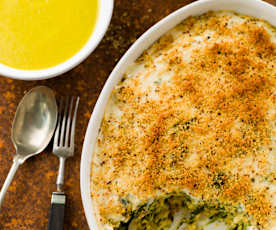 Cod and Spinach Gratin with Carrot and Courgette Soup