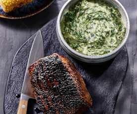 Gegrillte Rinderhüfte mit cremigem Spinat