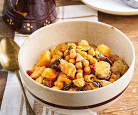 Guisado de frango com grão e batata-doce