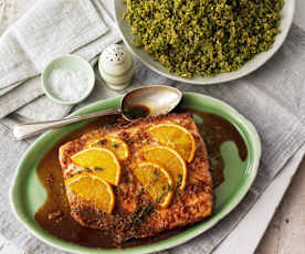 Salmão com laranja e cuscuz de brócolos