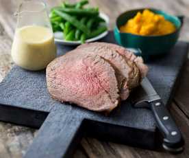 Pocket roast beef with seeded mustard sauce