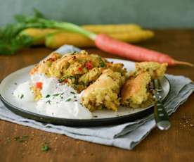 Wurzelschmarrn aus dem Ofen mit Sauerrahmdip