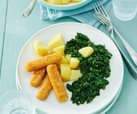 Fischstäbchen mit Kartoffeln und Rahmspinat