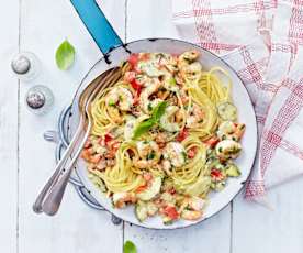 Spaghetti mit Garnelen und Paprika-Gurken-Ragout