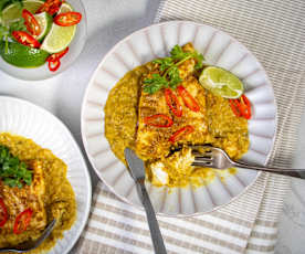 Curry coconut fish with spiced lentils