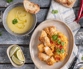 Zupa krem z pietruszki; Pomidorowy ryż z łososiem (kabsa)