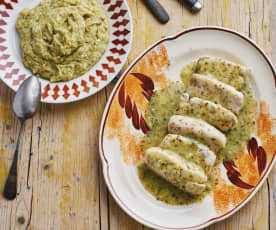 Pescada de coentrada com puré de brócolos