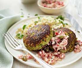 Broccoli Fritters with Radish Salad and Lemon Quinoa