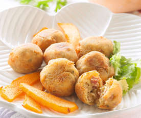 Polpette di ceci e prosciutto con zucca fritta