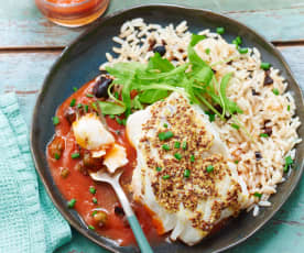 Cabillaud à la moutarde, riz et sauce tomate