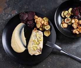 Filetti di trota sottovuoto con crema di fagioli e chips di verdure