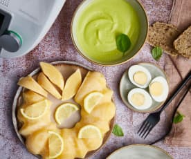 Crème de petits pois au basilic, œufs durs et fondant citron