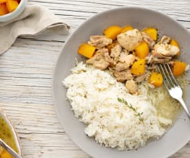 Κοτόπουλο με μυρωδικά, ροδάκινα και ρύζι