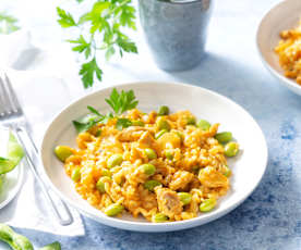 Arroz con edamame y pollo (Cocción de arroz)