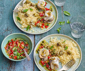 Merlu, couscous aux olives et sauce vierge tomate-basilic