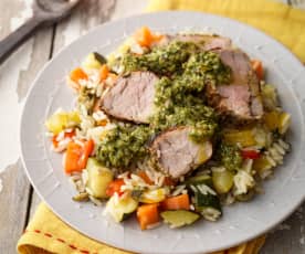 Schweinslungenbraten mit Chimichurri und warmen Reissalat