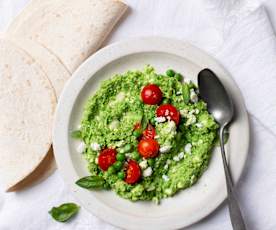 Pea, Cherry Tomato and Feta Hummus Wraps