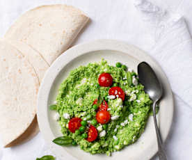 Pea, Cherry Tomato and Feta Hummus Wraps