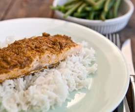 Lachs Tikka mit gedämpftem Reis