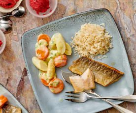 Menu : Filets de truite à la crème d'asperges, riz et glace aux fruits