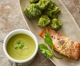 Pea and Ginger Soup, Lemon Salmon with Broccoli