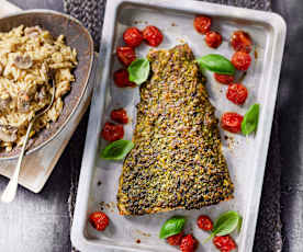 Gegrillter Pesto-Lachs mit Pilz-Risoni