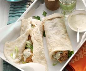 Falafel in square flatbread (r’gaif bread) with tahini sauce