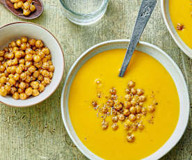 Kürbissuppe mit Ingwer, Kokosmilch und gerösteten Kichererbsen (12 Portionen)