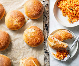 Buns jambon-fromage, carottes râpées aux pommes