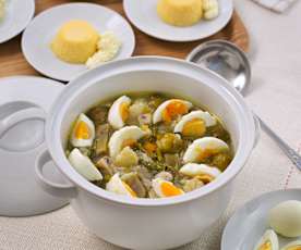 Menú: Menestra de verduras a la sidra. Flan de coco