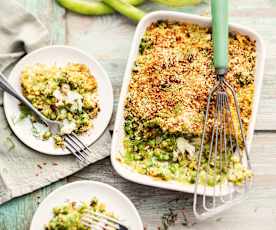 Gratin de printemps merlu, petits pois et fèves, sauce aux herbes
