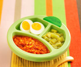 牛肉番茄乌冬面配白煮蛋及丝瓜(13~18个月辅食)
