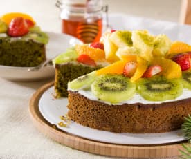 Bizcocho de espelta y té matcha con fruta