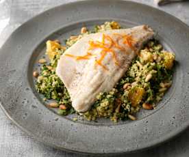 Steamed Sea Bass with Watercress Orange Couscous