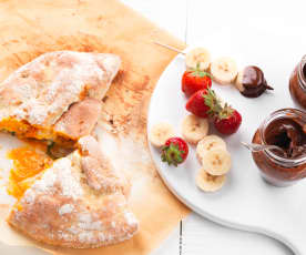 Spinach, Ricotta and Tomato Calzone, Fruit Kebabs with Chocolate Fondue