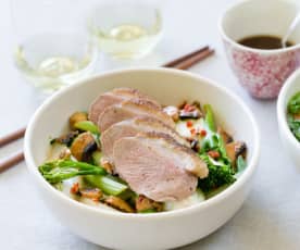 Five spice duck with mushrooms and Asian greens