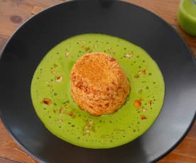 Double-baked cheese soufflés with asparagus sauce