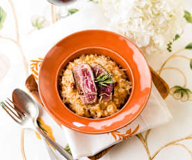 Risotto de naranja con magret de pato