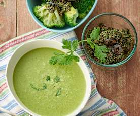 Lamb’s lettuce cream soup, broccoli with olive sauce