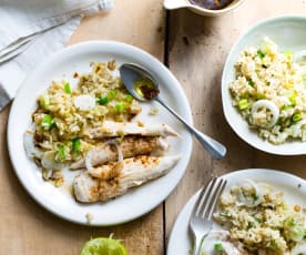 Poulet au gingembre, riz aux oignons