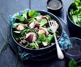 Salade de tranches de magret roulées au chèvre